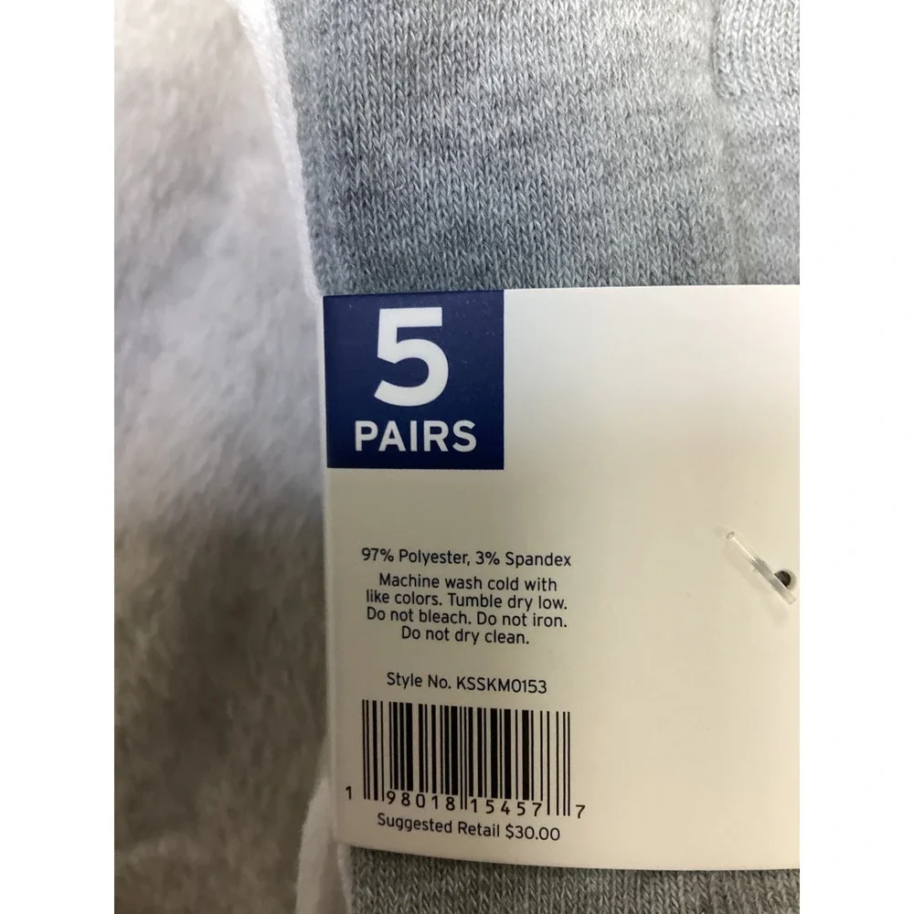 K-Swiss Mens Crew Socks 5 Pair Pack Black White Grey Shoe Size 6-12 KSSKM0153